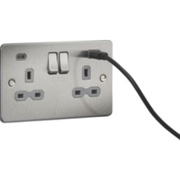 Knightsbridge  13A 2-Gang SP Switched Socket + 4.0A 20W 2-Outlet Type A & C USB Charger Brushed Chrome with Grey Inserts