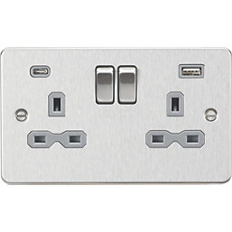 Knightsbridge  13A 2-Gang SP Switched Socket + 4.0A 20W 2-Outlet Type A & C USB Charger Brushed Chrome with Grey Inserts