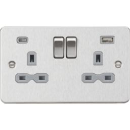 Knightsbridge  13A 2-Gang SP Switched Socket + 4.0A 20W 2-Outlet Type A & C USB Charger Brushed Chrome with Grey Inserts