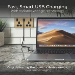 British General Evolve 13A 2-Gang SP Switched Socket + 3A 45W 2-Outlet Type A & C USB Charger Satin Brass with Black Inserts