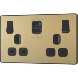 British General Evolve 13A 2-Gang SP Switched Socket + 3A 45W 2-Outlet Type A & C USB Charger Satin Brass with Black Inserts