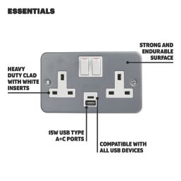 Essentials  13A 2-Gang 2-Pole Switched Metal Clad Socket + 3.1A 15.5W 2-Outlet Type A & C USB Charger with White Inserts
