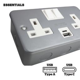 Essentials  13A 2-Gang 2-Pole Switched Metal Clad Socket + 3.1A 15.5W 2-Outlet Type A & C USB Charger with White Inserts