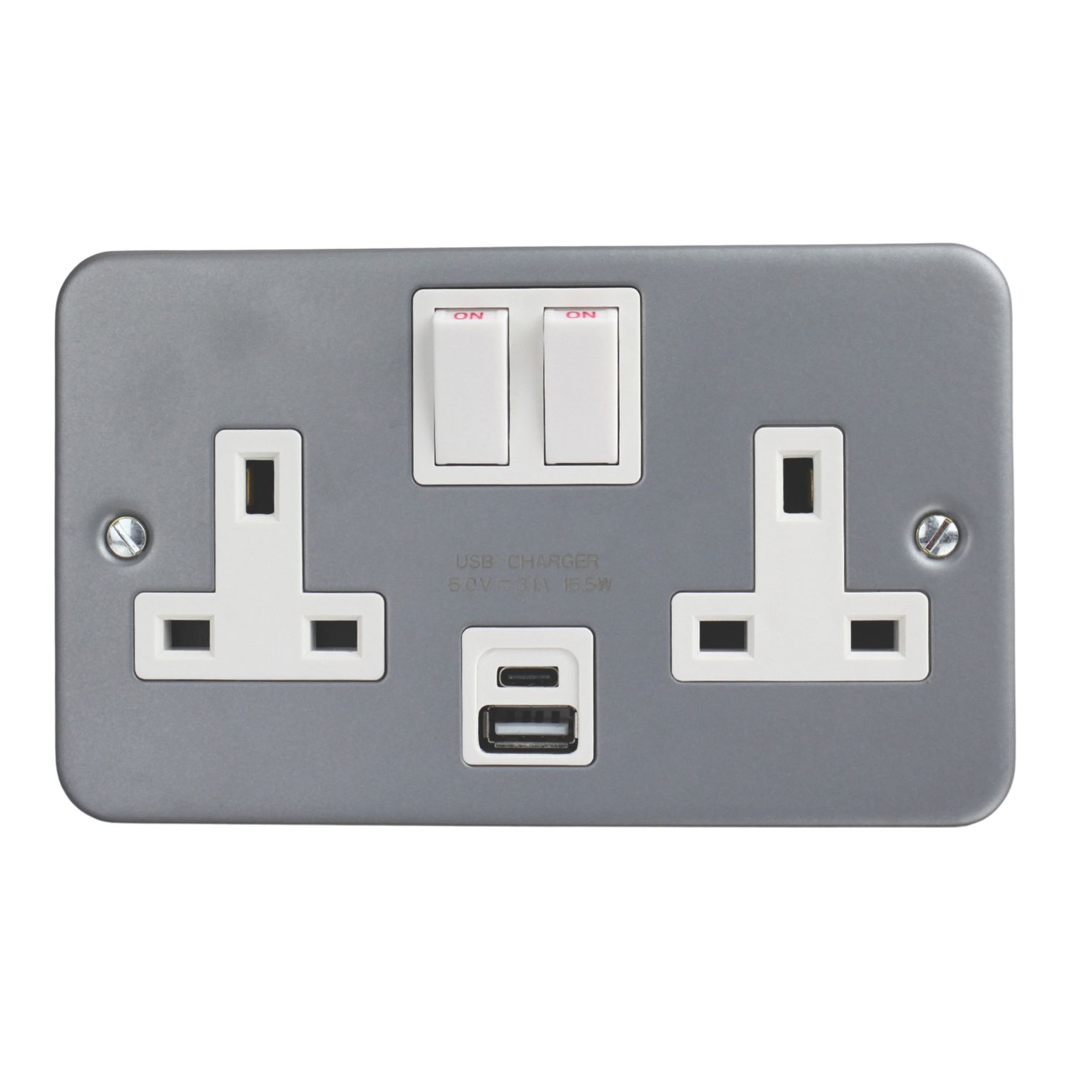 Essentials 13A 2-Gang 2-Pole Switched Metal Clad Socket + 3.1A 15.5W 2-Outlet Type A & C USB Charger with White Inserts (926AN)