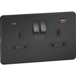 Knightsbridge  13A 2-Gang DP Switched Socket + 2.25A 45W 2-Outlet Type A & C USB Charger Matt Black with Black Inserts