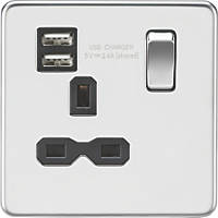 Knightsbridge SFR9124PC 13A 1-Gang SP Switched Socket + 2.4A 2-Outlet Type A USB Charger Polished Chrome with Black Inserts