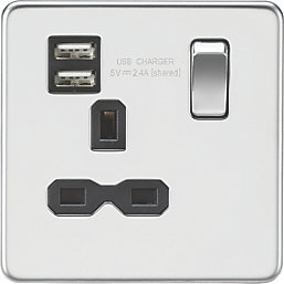 Knightsbridge  13A 1-Gang SP Switched Socket + 2.4A 12W 2-Outlet Type A USB Charger Polished Chrome with Black Inserts