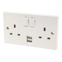 Essentials  13A 2-Gang DP Switched Socket + 2.1A 10.5W 2-Outlet Type A USB Charger White