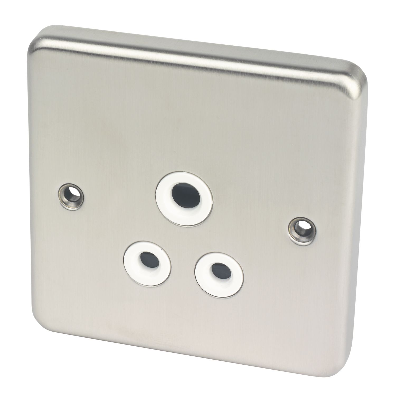 Hager Sollysta WRS51BSW 5A 1-Gang Unswitched Round Pin Socket Brushed Steel with White Inserts (927AM)