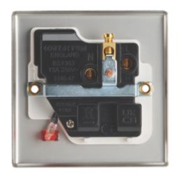 Contactum Iconic 13A 1-Gang DP Switched Socket Outlet Brushed Steel with Neon with White Inserts