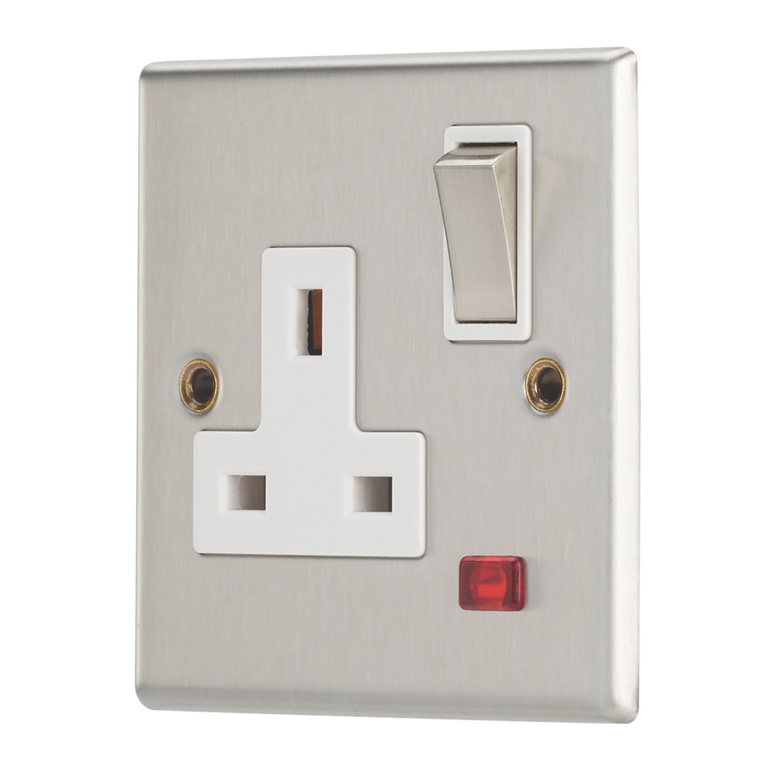 Contactum Iconic 13A 1-Gang DP Switched Socket Outlet Brushed Steel with Neon with White Inserts (927RP)