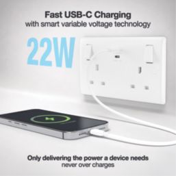 British General 800 Series 13A 2-Gang SP Switched Socket + 3.25A 22W 2-Outlet Type C USB Charger White