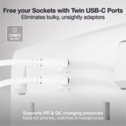 British General 800 Series 13A 2-Gang SP Switched Socket + 3.25A 22W 2-Outlet Type C USB Charger White