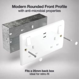 British General 800 Series 13A 2-Gang SP Switched Socket + 3.25A 22W 2-Outlet Type C USB Charger White