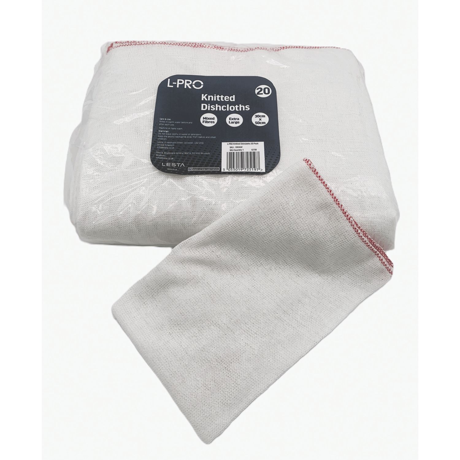 L-PRO Extra Large Knitted Cloths / Dishcloths White with Red Hemmed Edge 30cm x 50cm 20 Pack (930AW)