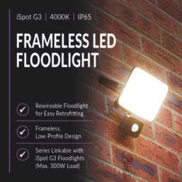 Brackenheath iSpot G3 Frameless Indoor & Outdoor LED Floodlight With PIR Sensor Black 30W 3300lm