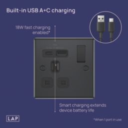 LAP  13A 1-Gang SP Switched Socket + 3A 18W 2-Outlet Type A & C USB Charger Black Nickel with Black Inserts