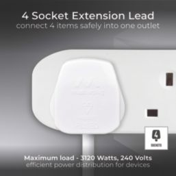 Masterplug 13A 4-Gang Unswitched  Extension Lead White 5m