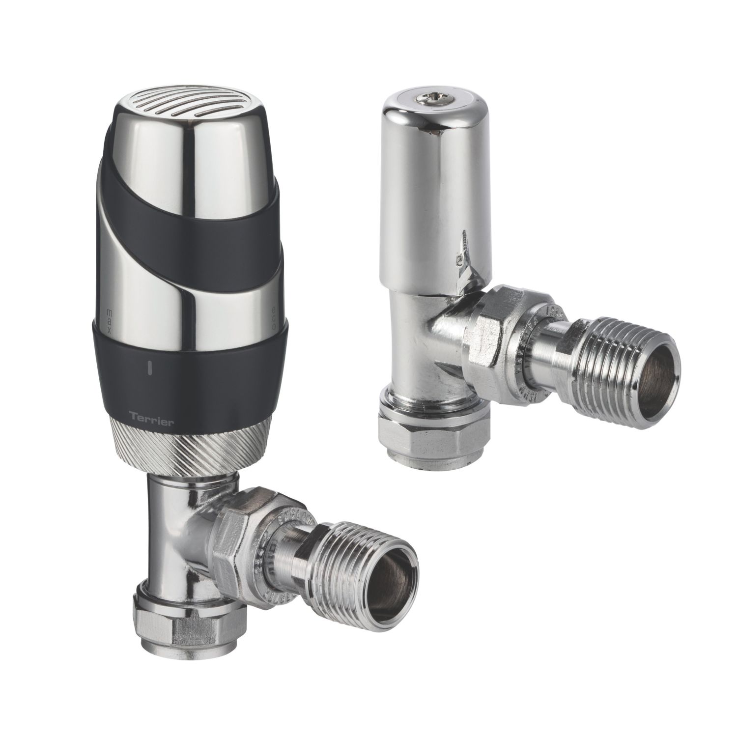 Terrier Decorative 15mm x 1/2" Anthracite/Chrome Angled & L/S Modern Thermostatic Radiator Valve & Lockshield (9338G)