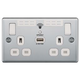 LAP  13A 2-Gang SP Switched Wi-Fi Extender Socket + 2.1A 10.5W 1-Outlet Type A USB Charger Polished Chrome with White Inserts