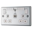 LAP  13A 2-Gang SP Switched Wi-Fi Extender Socket + 2.1A 10.5W 1-Outlet Type A USB Charger Polished Chrome with White Inserts
