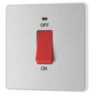 British General Evolve 45A 1-Gang 2-Pole Cooker Switch Brushed Steel with LED with White Inserts