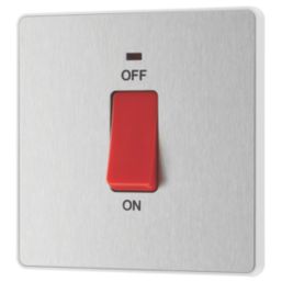 British General Evolve 45A 1-Gang 2-Pole Cooker Switch Brushed Steel with LED with White Inserts