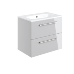 Ohio 2-Drawer Bathroom Vanity Unit with Ceramic Basin Gloss Grey 610mm x 460mm x 518mm
