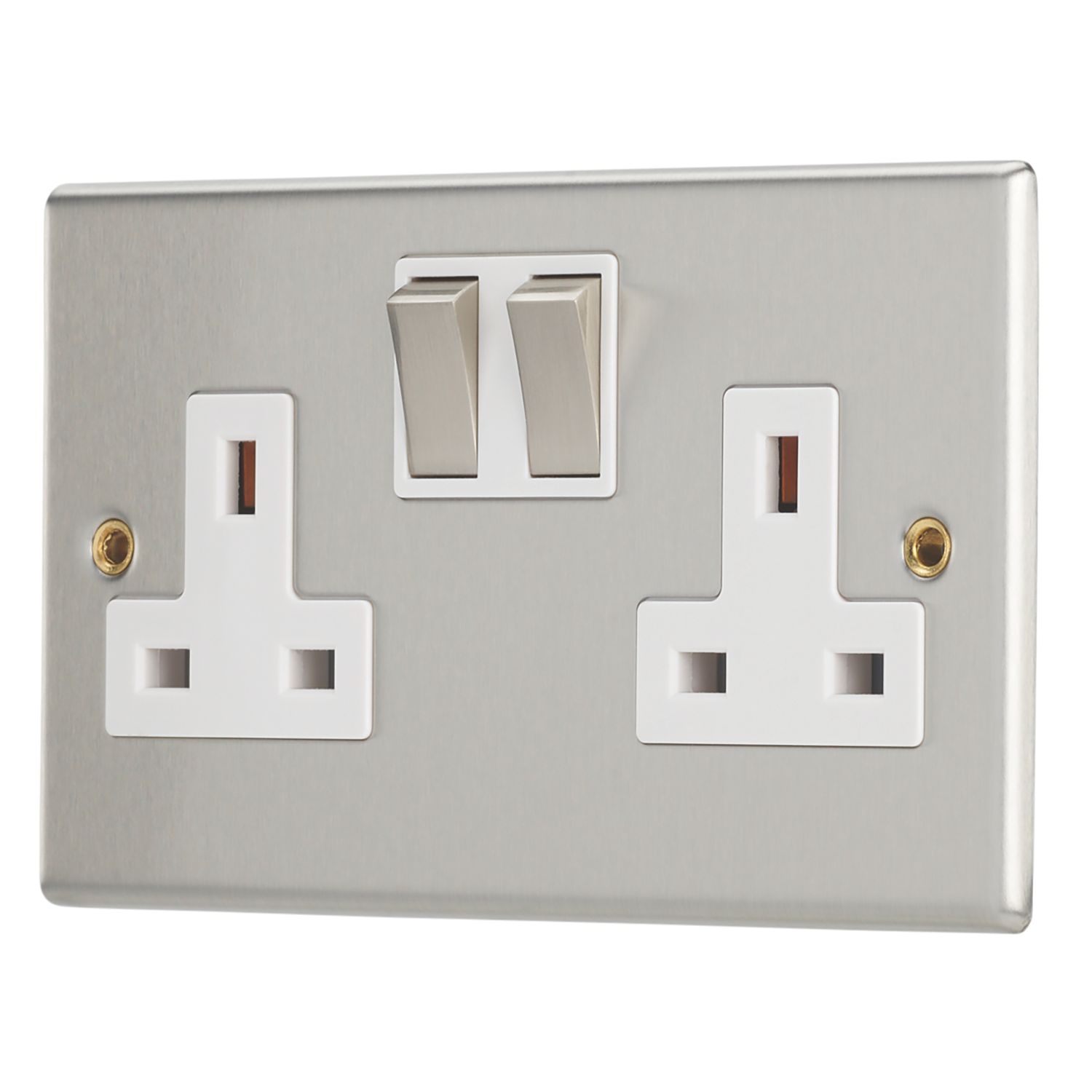 Contactum Iconic 13A 2-Gang DP Switched Socket Outlet Brushed Steel with White Inserts (934RR)