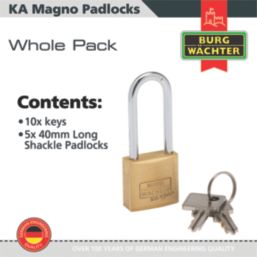 Burg-Wachter  Keyed Alike  Long Shackle  Padlocks Brass 40mm 5 Pack