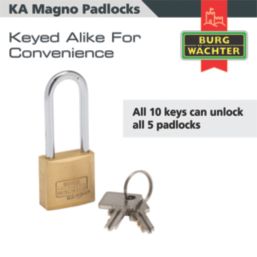 Burg-Wachter  Keyed Alike  Long Shackle  Padlocks Brass 40mm 5 Pack
