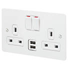 MK Edge 13A 2-Gang DP Switched Socket + 2A 2-Outlet Type A USB Charger White with Colour-Matched Inserts