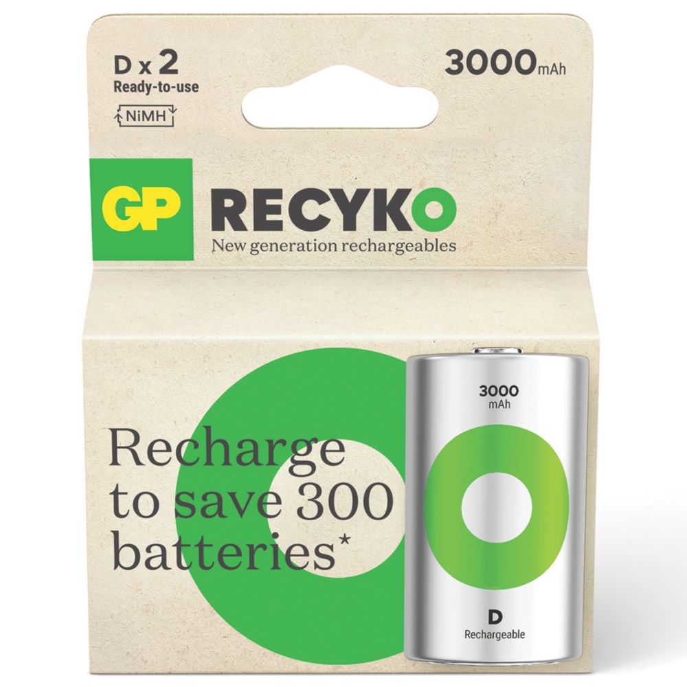 GP Batteries Recyko Rechargeable D Batteries 2 Pack Screwfix