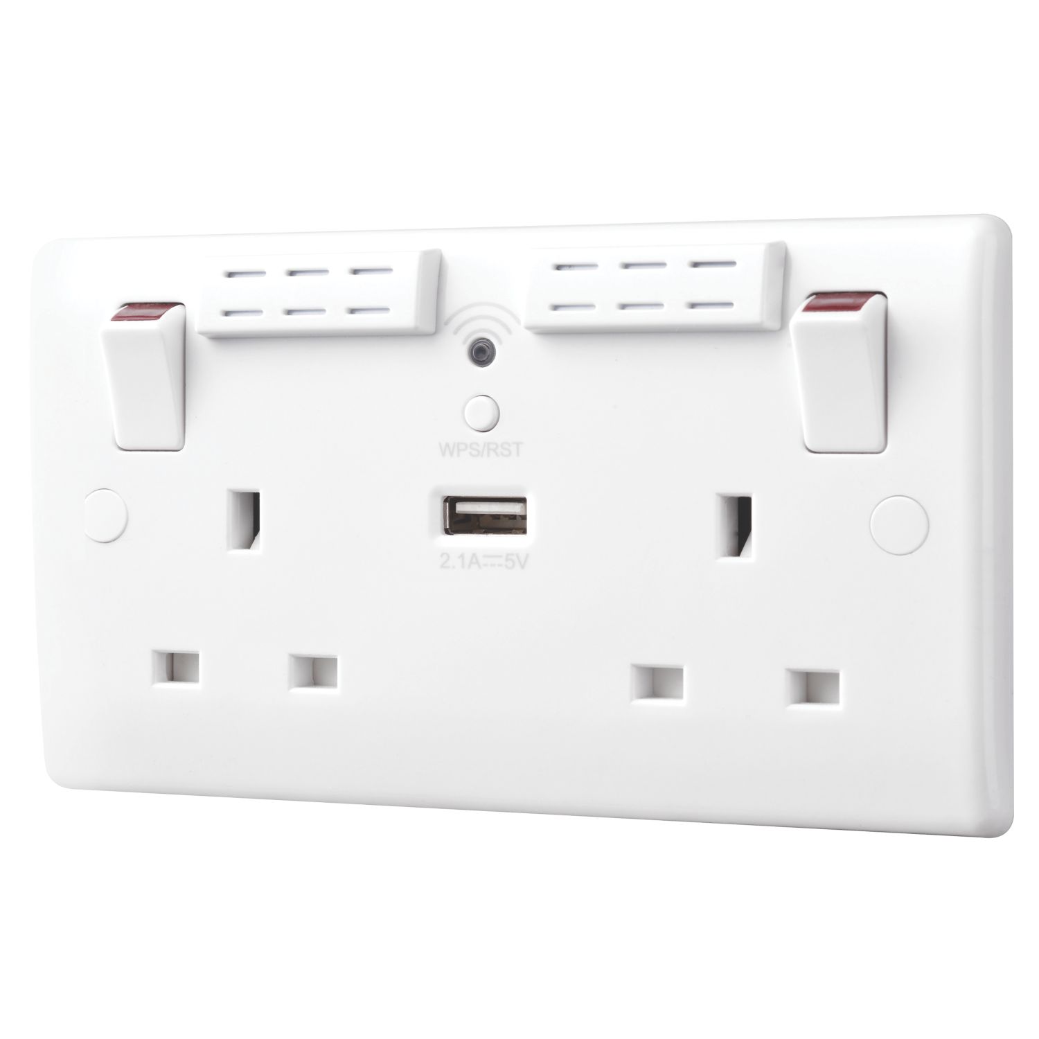 British General 800 Series 13A 2-Gang SP Switched Wi-Fi Extender Socket + 2.1A 10.5W 1-Outlet Type A USB Charger White (937HV)
