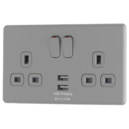 Arlec  13A 2-Gang SP Switched Socket + 4A 15W 2-Outlet Type A USB Charger Grey with Colour-Matched Inserts