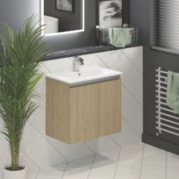 Newland  Double Door Wall-Mounted Vanity Unit with Basin Effect Natural Oak 600mm x 370mm x 540mm