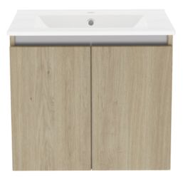 Newland  Double Door Wall-Mounted Vanity Unit with Basin Effect Natural Oak 600mm x 370mm x 540mm
