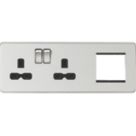 Knightsbridge  13A 2-Gang DP Combination Plate Brushed Chrome with Black Inserts