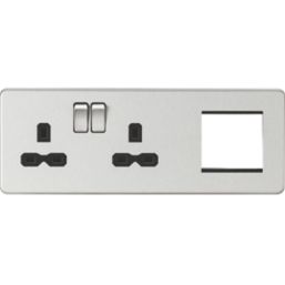 Knightsbridge  13A 2-Gang DP Combination Plate Brushed Chrome with Black Inserts