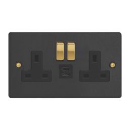 Varilight  13A 2-Gang SP Switched Socket + 3A 45W 2-Outlet Type C USB Charger Matt Black with Black Inserts