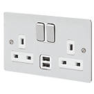 MK Edge 13A 2-Gang DP Switched Socket + 2A 2-Outlet Type A USB Charger Polished Chrome with White Inserts