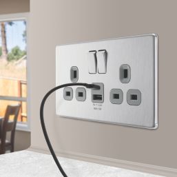 LAP  13A 2-Gang SP Switched Socket + 2.4A 12W 2-Outlet Type A & C USB Charger Brushed Steel with Grey Inserts