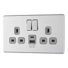 LAP  13A 2-Gang SP Switched Socket + 2.4A 12W 2-Outlet Type A & C USB Charger Brushed Steel with Grey Inserts