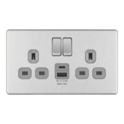 LAP  13A 2-Gang SP Switched Socket + 2.4A 12W 2-Outlet Type A & C USB Charger Brushed Steel with Grey Inserts