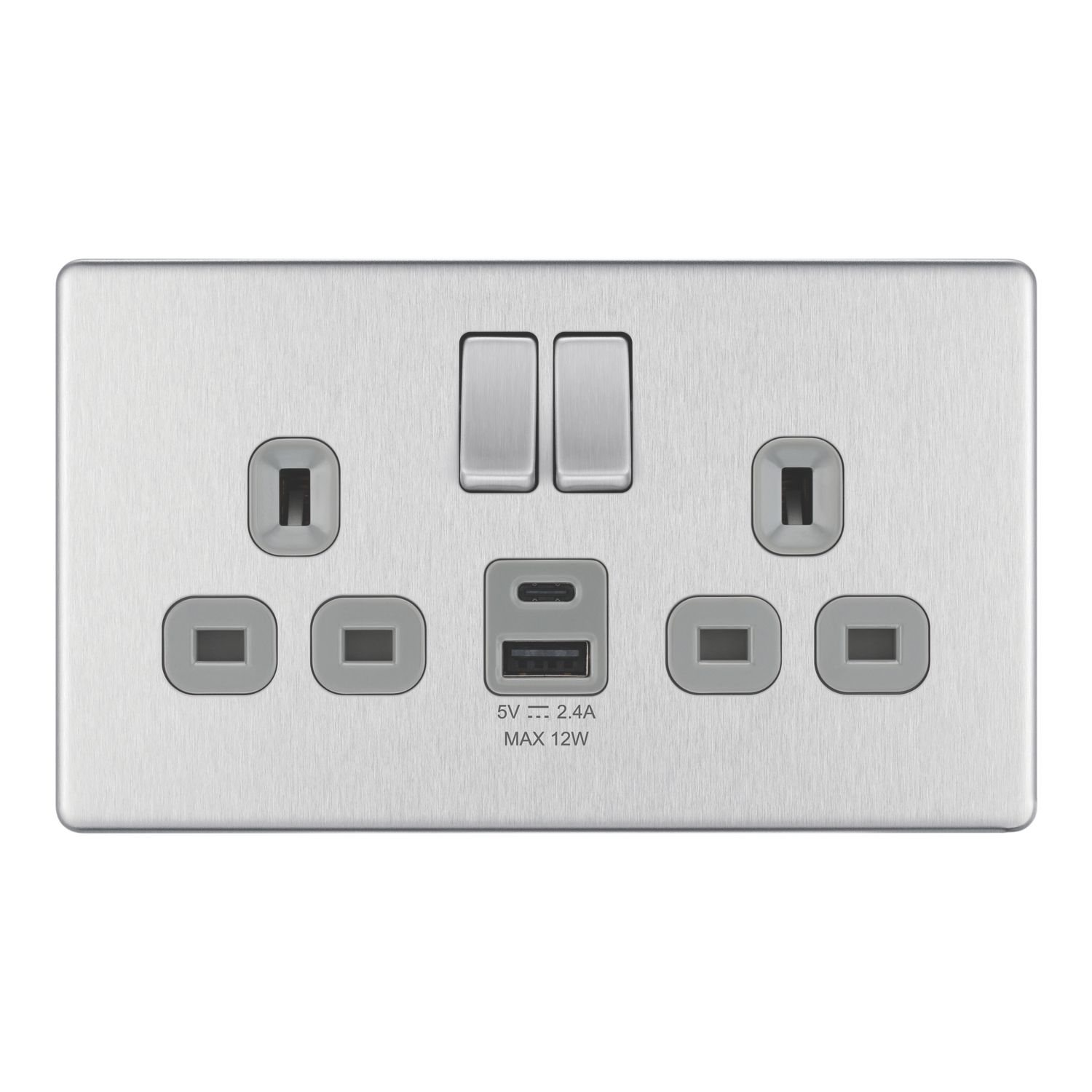 LAP 13A 2-Gang SP Switched Socket + 2.4A 12W 2-Outlet Type A & C USB Charger Brushed Steel with Grey Inserts (941PN)