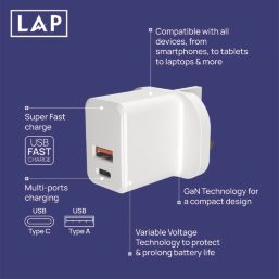 LAP 2-Outlet Type A & C Plug-In USB Adaptor Plug 3A