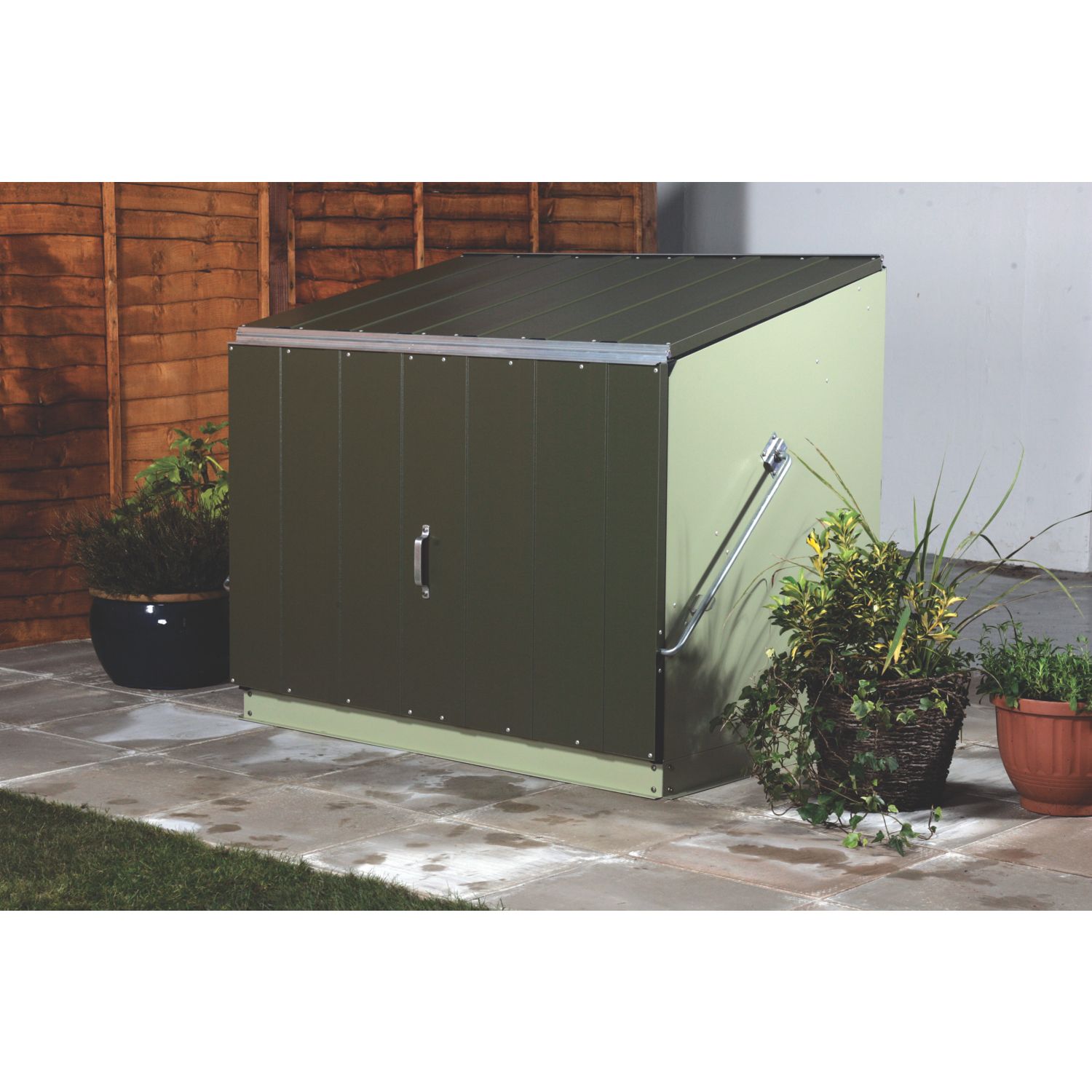 Trimetals Stowaway 4' 6" x 3' (Nominal) Pent Metal Tool Store with Base Olive/Moorland Green (942RY)