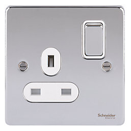 Schneider Electric Ultimate Low Profile 13A 1-Gang SP Switched Plug Socket Polished Chrome  with White Inserts