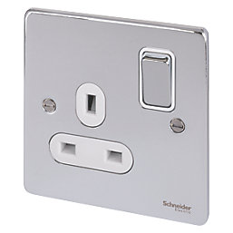 Schneider Electric Ultimate Low Profile 13A 1-Gang SP Switched Plug Socket Polished Chrome  with White Inserts