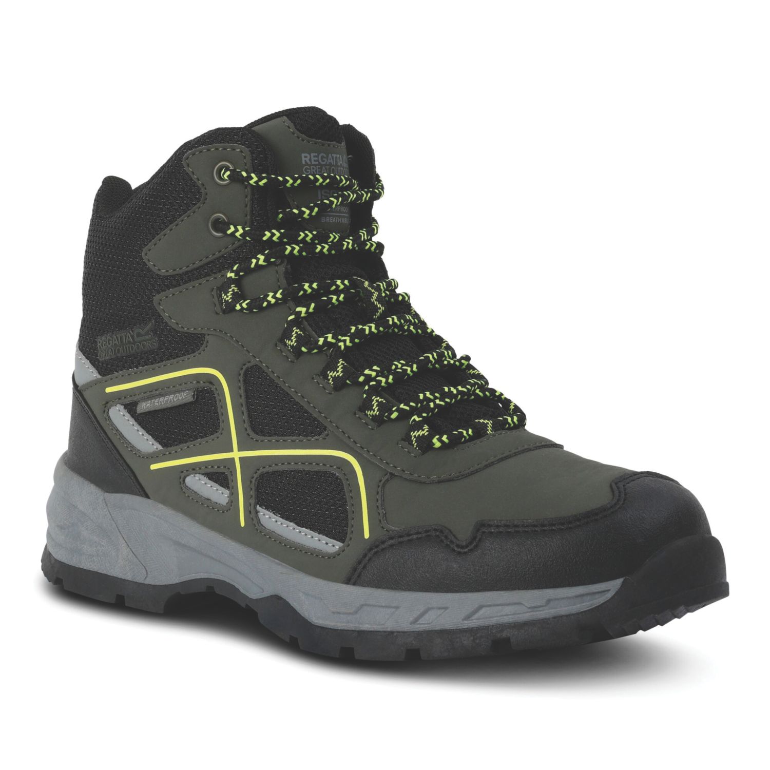 Regatta Vendeavour Size 10 Dark Khaki / Lime Punch Waterproof Non Safety Work Boots (943AT)